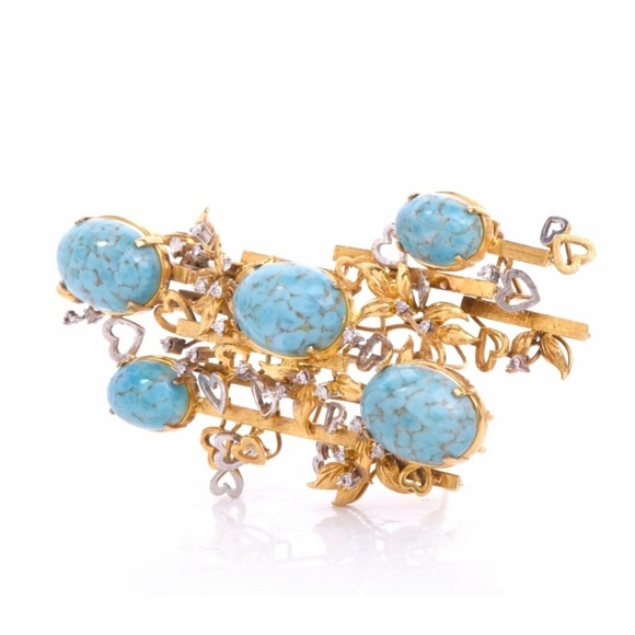 Vintage Diamond Turquoise 14K Gold Pendant Pin - Picture 4 of 5